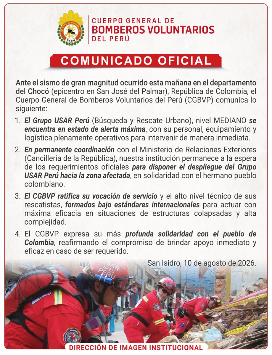 cgbvpoficial's tweet photo. 🚨 COMUNICADO | Ante el sismo en Chocó, Colombia, el grupo USAR Perú del #CGBVP se encuentra en alerta máxima y con logística lista para su eventual despliegue, en coordinación con Ministerio de Relaciones Exteriores del Perú.
#BomberosPerú #USARPERÚ #colombia #terremoto #rescate https://t.co/1pEgPi6Ten