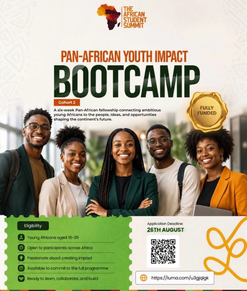 HGBashar's tweet photo. PAN-AFRICAN YOUTH IMPACT BOOTCAMP 2026 | FULLY FUNDED.
Africa’s future will not be shaped by ideas alone, but by young people who are willing to learn, collaborate, build, and create meaningful impact.
The Pan-African Youth Impact Bootcamp 2026 is a six-week fellowship bringing together ambitious young Africans from across the continent to connect with people, ideas, opportunities, and experiences that can help shape Africa’s future.
If you are a young African passionate about leadership, innovation, community development, entrepreneurship, or creating solutions to real problems, this could be an opportunity worth exploring.
Who can apply?
Young Africans aged 18–35 who are passionate about creating impact and ready to commit to the full programme.
Application Deadline: 26th August 2026
Apply here: https://t.co/yCOh6xloso