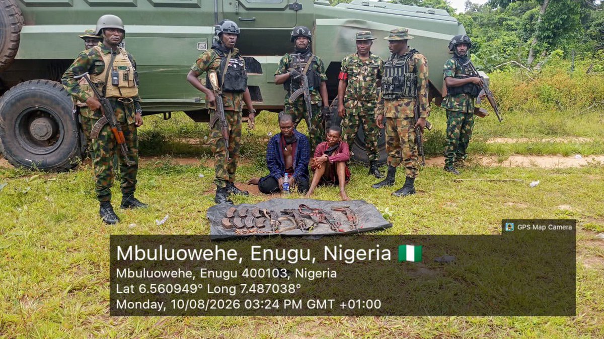 DejiAdesogan's tweet photo. TROOPS ARREST FLEEING KIDNAPPING SYNDICATE COMMANDER, RECOVER FOUR AK-47 RIFLES IN ENUGU

Troops of the 82 Division/Joint Task Force South East, Operation UDO KA, in collaboration with operatives of the Department of State Services (DSS), have arrested a notorious kidnapping syndicate commander and recovered four AK-47 rifles, seven magazines and 133 rounds of 7.62mm Special ammunition in Enugu State. The operation followed sustained intelligence-led efforts to dismantle a criminal syndicate linked to the abduction of two persons in Udi Local Government Area of the state on August 2, 2026.

According to the Army, troops had earlier neutralised one member of the syndicate and arrested another suspect. Intelligence obtained during the subsequent interrogation led security operatives to identify the fleeing commander and locate the group’s concealed weapons cache. Acting on the intelligence, troops intensified the manhunt and tracked down the syndicate commander in the Gariki General Area of Enugu as he attempted to flee the state. Preliminary investigations indicate that the suspect is allegedly linked to several kidnapping operations across the South East and North Central regions. Items recovered from him included US$1,000, ₦785,900 in cash and other incriminating materials.

Further exploitation of intelligence from the arrested suspects led troops to Umuchingu Ujenike Forest, where members of the syndicate had reportedly concealed their weapons. A follow-up operation at the forest hideout resulted in the recovery of four AK-47 rifles, seven AK-47 magazines and 133 rounds of 7.62mm Special ammunition.

The Army said the operation underscores the effectiveness of intelligence-driven joint operations in disrupting organised criminal networks, apprehending fleeing suspects and denying criminal elements access to weapons and safe havens. The arrested syndicate commander is currently undergoing further interrogation, with security operatives expected to use the information obtained to track down other members of the network and their collaborators.