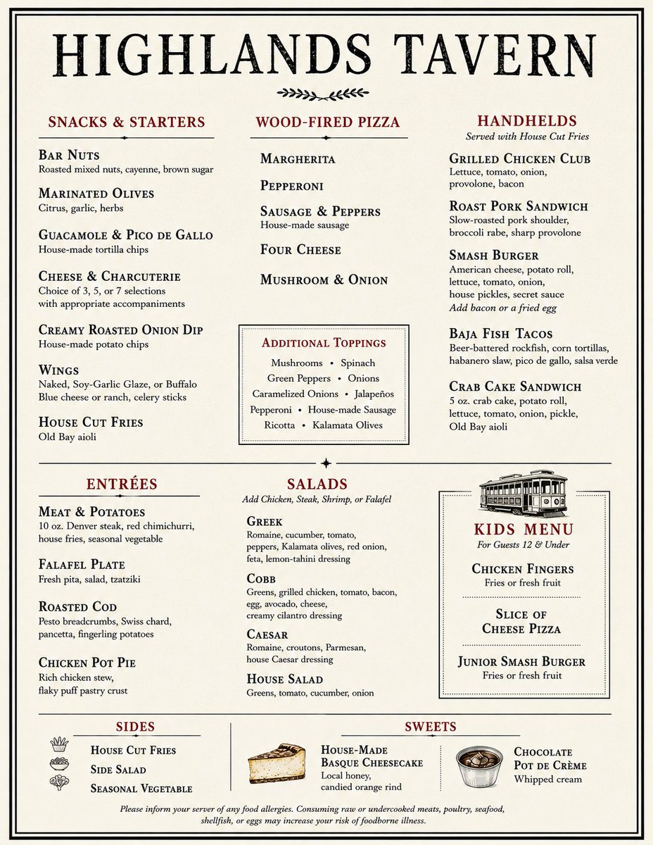 eat_dc's tweet photo. Highlands Tavern is planning to open at 3421 Connecticut Ave NW in a few weeks with pub fare including wood-fired pizzas, a kids menu, and weekday HH from 4-6pm with $10 pizza &amp; discounted drinks. They'll open at 11am every day and serve as a Notre Dame football bar. Draft menus: https://t.co/1IXlV7j4L9