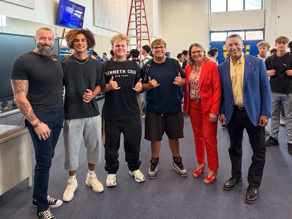 Pres_Sandoval's tweet photo. I was excited to visit Edward C. Reed High School this morning! As one of the University's Collegiate Academy schools in Washoe County, students at Reed are already on their way to earning college credit thanks to the dual enrollment program. Thank you to @cityofsparks Councilman Joe Rodriguez, @WashoeSchools Superintendent Tiffany McMaster, @NvstateED Deputy Superintendent Torrey Palmer and Washoe County School District trustee Diane Nicolet for joining me, and a big thank you to the students, faculty and principal Josh Rosenbloom at Reed for the extra warm welcome! #GoPack #GoRaiders