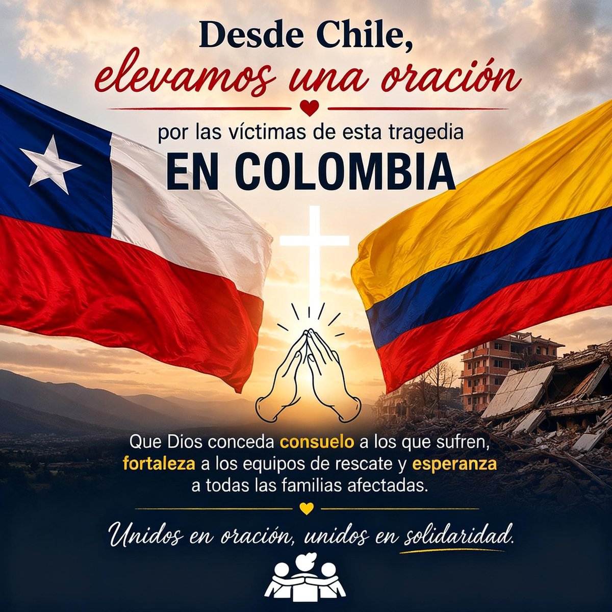 Cristo_PLagRed's tweet photo. 🇨🇱🙏🇨🇴 Desde Chile elevamos una oración por Colombia. Pedimos a Dios consuelo para las víctimas, fortaleza para sus familias y esperanza para todos los afectados. 🕊️ #FuerzaColombia #Oración https://t.co/AmcaAEg4EU