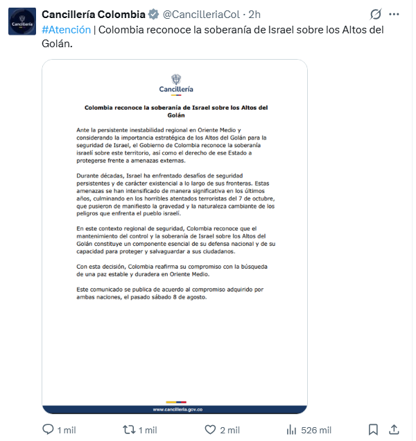 JulianMaciasT's tweet photo. Increíble, el gobierno de Colombia hizo este comunicado un par de horas después del terremoto brutal que sufrió el país.
Parece prioritario reconocer la soberanía de Israel sobre los Altos del Golán que dedicar toda su energía al rescate de los colombianos entre escombros. https://t.co/xN5IYUMpXb