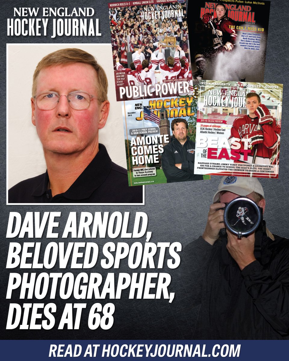 EvanMarinofsky's tweet photo. Sad news: Dave Arnold, beloved sports photographer in New England, died Friday after a courageous battle with glioblastoma. 

His impact on New England hockey was immense. 

For @NEHockeyJournal: https://t.co/yeDVjH7Vy2 https://t.co/5Unmxy2eGo