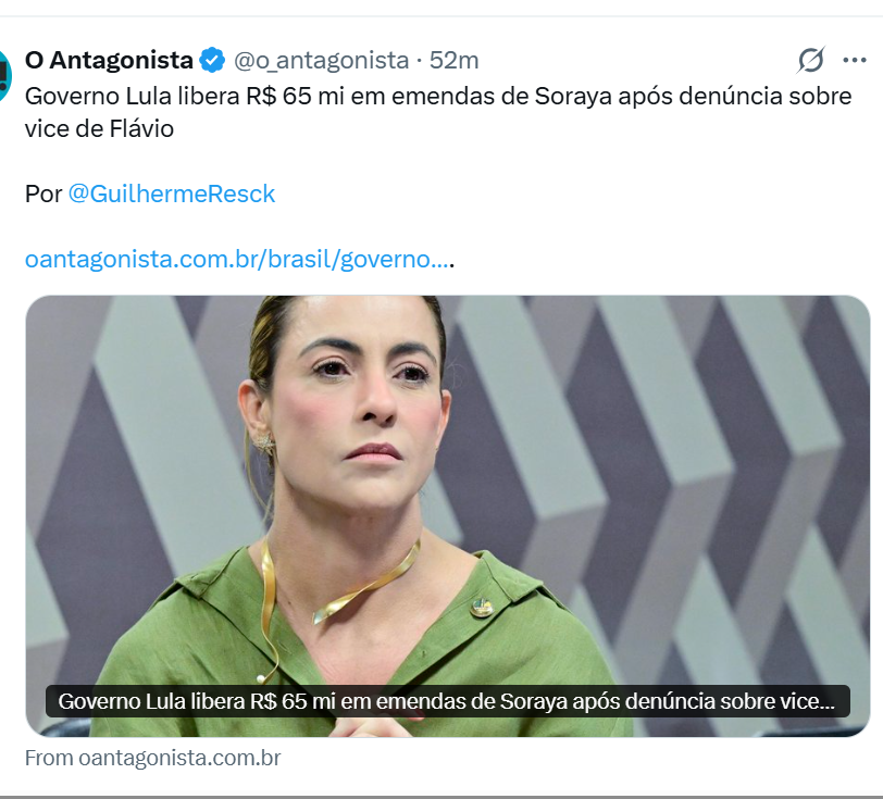 mauad_joao's tweet photo. SUR-PRE-SA!! 🤡

"O governo Lula (PT) empenhou 65,29 milhões de reais em emendas parlamentares da senadora Soraya Thronicke (PSB-MS) após a congressista, em conjunto com o deputado Lindbergh Farias (PT-RJ), denunciar o deputado Alfredo Gaspar (PL-AL) à Polícia Federal (PF) por suposto estupro de vulnerável e tentativa de ocultação de fatos.

O montante representa 96,31% de tudo que o governo empenhou nas emendas de Soraya neste ano até o momento (67,79 milhões de reais). No total, o Orçamento da União de 2026 prevê 74,01 milhões de reais em emendas de Soraya. Até o momento, foram pagos 52,08 milhões de reais do total."