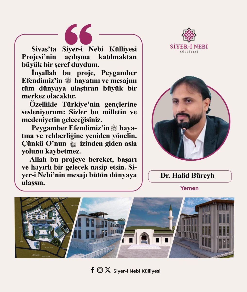 SiyerKulliyesi's tweet photo. Sivas'ta Siyer-i Nebi Külliyesi Projesi'nin açılışına katılmaktan büyük bir şeref duydum.

İn��allah bu proje, Peygamber Efendimiz'in hayatını ve mesajını tüm dünyaya ulaştıran büyük bir merkez olacaktır. Özellikle 

Türkiye'nin gençlerine sesleniyorum: Sizler bu milletin ve medeniyetin geleceğisiniz. 

Peygamber Efendimiz'in hayatına ve rehberliğine yeniden yönelin. Çünkü O'nun izinden giden asla yolunu kaybetmez. 

Allah bu projeye bereket, başarı ve hayırlı bir gelecek nasip etsin. Siyer-i Nebi'nin mesajı bütün dünyaya ulaşsın.