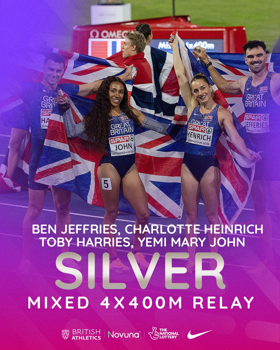 BritAthletics's tweet photo. RELAY SILVER SUCCESS 🥈

Our mixed 4x400m relay team take the silver medal at the European Athletics Championships 🥳

#Birmingham2026 https://t.co/FD3UM4qFf2