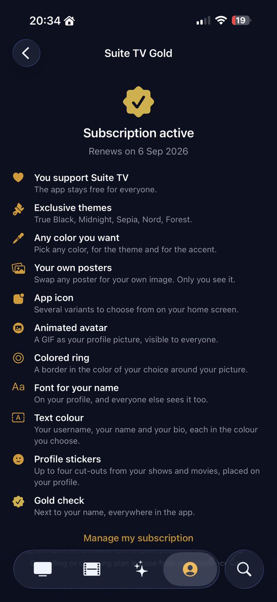 suitetvapp's tweet photo. Introducing Suite TV Gold.

Every feature Suite TV has today stays 100% free, forever, and we'll keep shipping new free features regularly.

Gold is a fully optional subscription for people who want to support the project, in exchange for cosmetic extras: custom themes, profile stickers, an animated avatar, upload your own posters, a gold checkmark, custom name fonts and colors, and more. 
Subscribe now on the app!