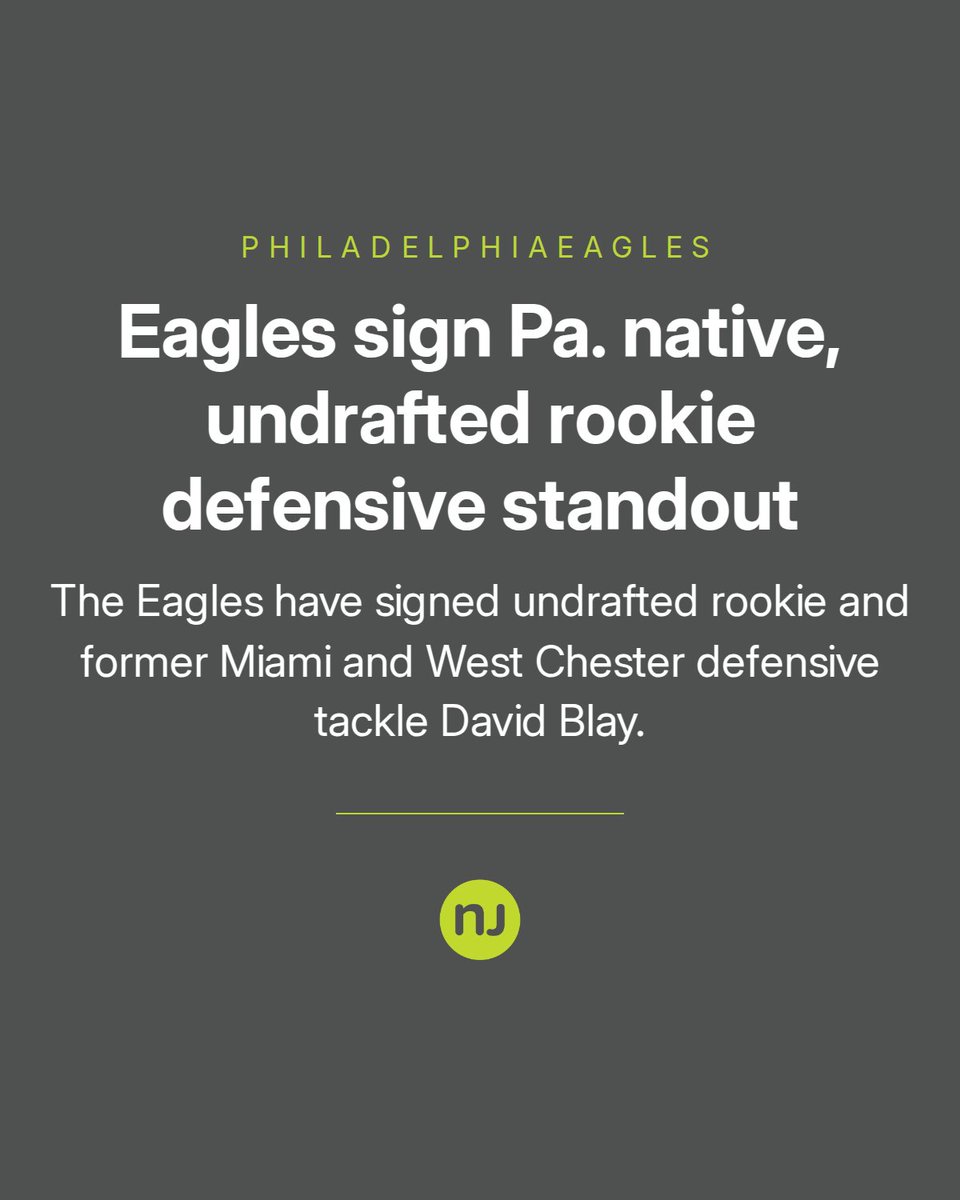 njdotcom's tweet photo. The Eagles have signed undrafted rookie and former Miami and West Chester defensive tackle David Blay. Read more here 👉 https://t.co/7E2KNBRe7z https://t.co/K8suqgkemJ