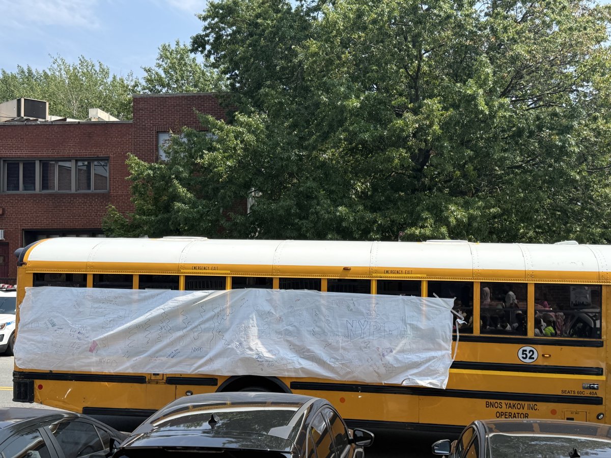 NYPD66Pct's tweet photo. A special visit to the 66th Precinct! A local summer camp stopped by with handmade appreciation banners and beautiful songs to thank our officers. Thank you for the kindness and support—you made our day! 💙 https://t.co/2pXxJ5WUE3