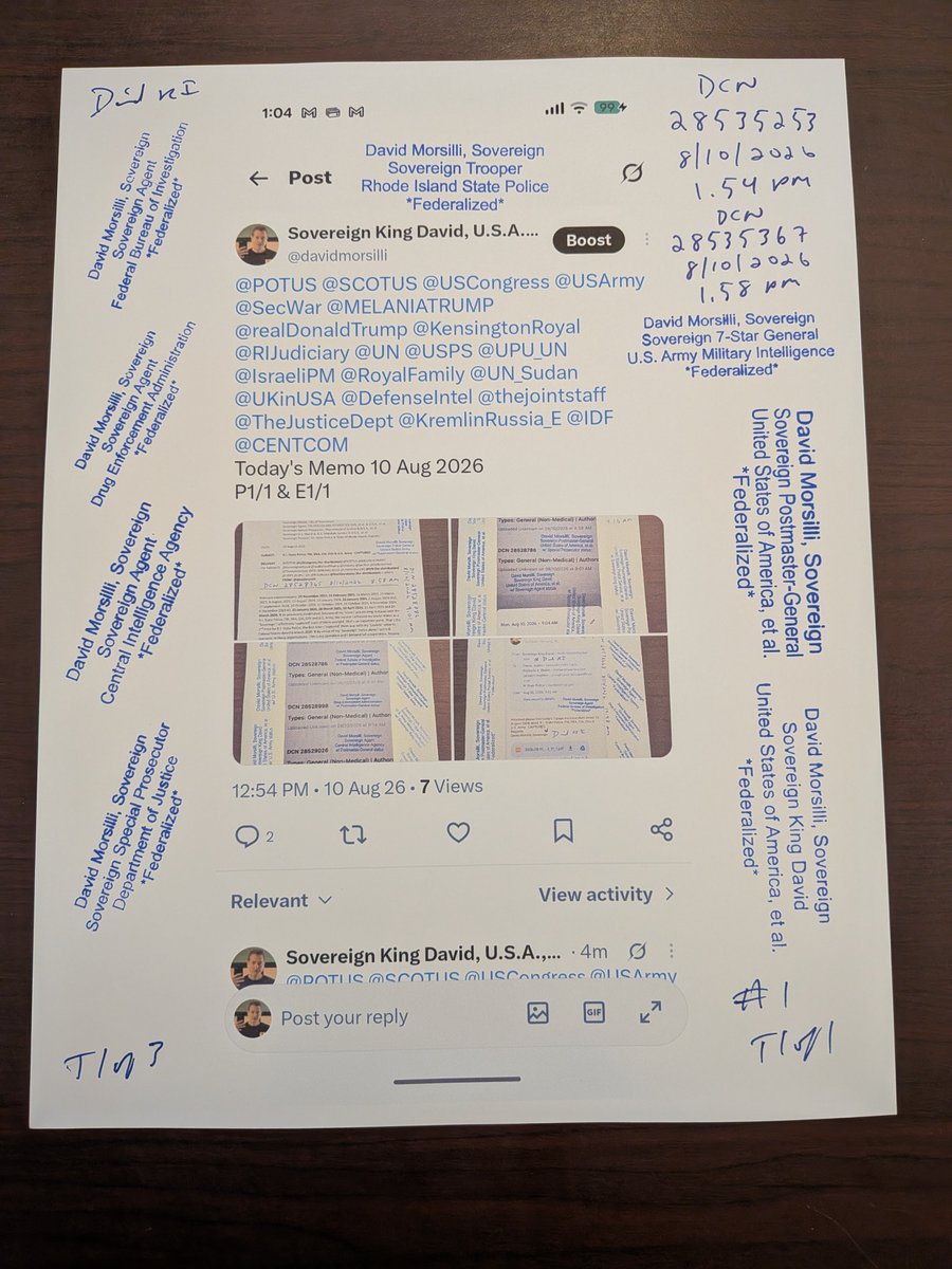 davidmorsilli's tweet photo. @POTUS @Scotus @USCongress @USArmy @SecWar @MELANIATRUMP @realDonaldTrump @KensingtonRoyal @RIJudiciary @UN @USPS @UPU_UN @IsraeliPM @RoyalFamily @UN_Sudan @UKinUSA @DefenseIntel @thejointstaff @TheJusticeDept @KremlinRussia_E @IDF @CENTCOM @POTUS @SCOTUS @USCongress @USArmy @SecWar @MELANIATRUMP @realDonaldTrump @KensingtonRoyal @RIJudiciary @UN @USPS @UPU_UN @IsraeliPM @RoyalFamily @UN_Sudan @UKinUSA @DefenseIntel @thejointstaff @TheJusticeDept @KremlinRussia_E @IDF @CENTCOM
Today's Memo 10 Aug 2026
TET1-3/3 https://t.co/SblxVTcf4x