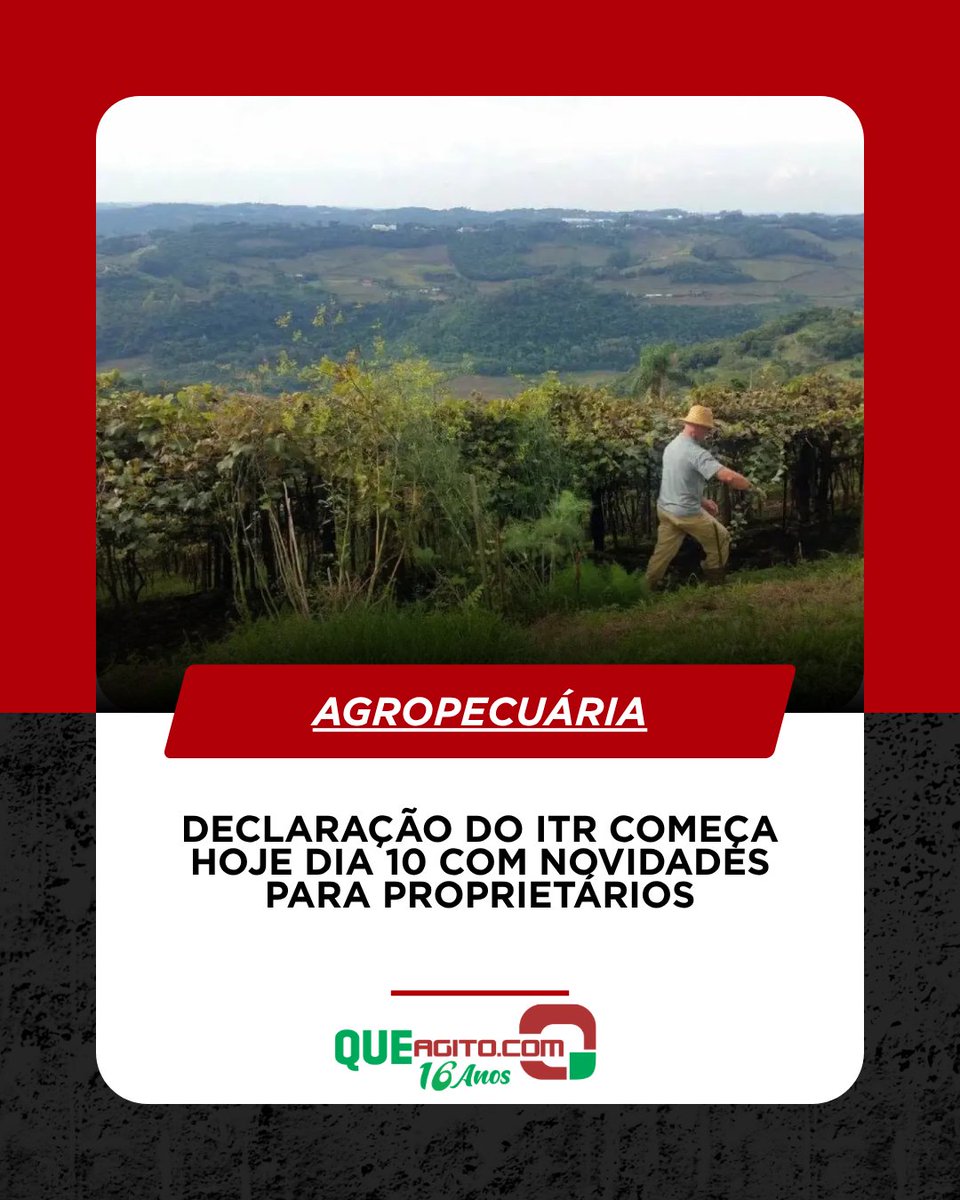 QUEAGITO's tweet photo. Declaração do ITR começa hoje dia 10 com novidades para proprietários
Fonte: https://t.co/TaGerIAIZD
https://t.co/F2F96izlhi
#AGROPECUÁRIA #DeclaraçãodoITR #ITR #Queagito https://t.co/E8N8yT5hoL