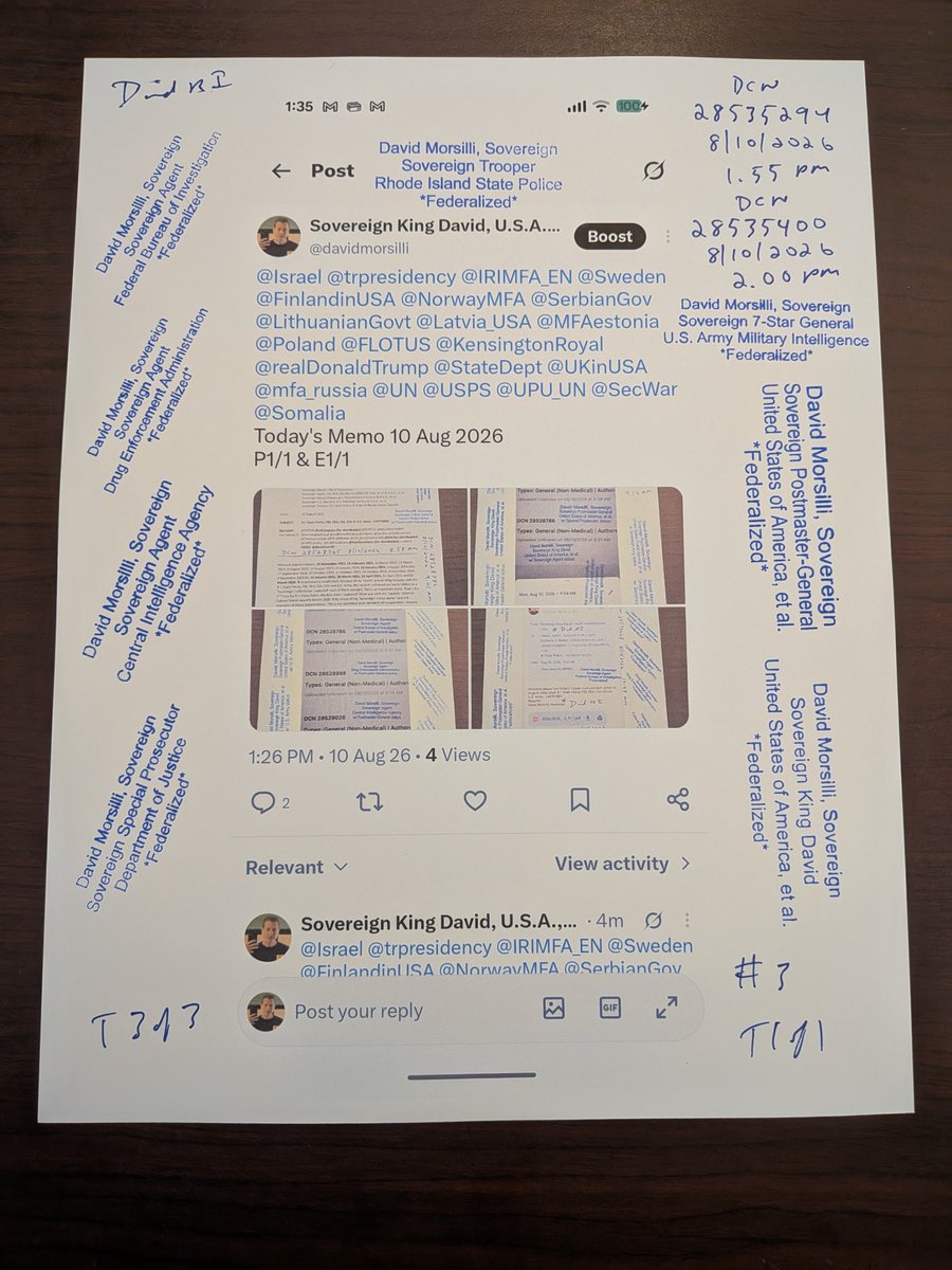 davidmorsilli's tweet photo. @POTUS @Scotus @USCongress @USArmy @SecWar @MELANIATRUMP @realDonaldTrump @KensingtonRoyal @RIJudiciary @UN @USPS @UPU_UN @IsraeliPM @RoyalFamily @UN_Sudan @UKinUSA @DefenseIntel @thejointstaff @TheJusticeDept @KremlinRussia_E @IDF @CENTCOM @POTUS @SCOTUS @USCongress @USArmy @SecWar @MELANIATRUMP @realDonaldTrump @KensingtonRoyal @RIJudiciary @UN @USPS @UPU_UN @IsraeliPM @RoyalFamily @UN_Sudan @UKinUSA @DefenseIntel @thejointstaff @TheJusticeDept @KremlinRussia_E @IDF @CENTCOM
Today's Memo 10 Aug 2026
TET1-3/3 https://t.co/SblxVTcf4x
