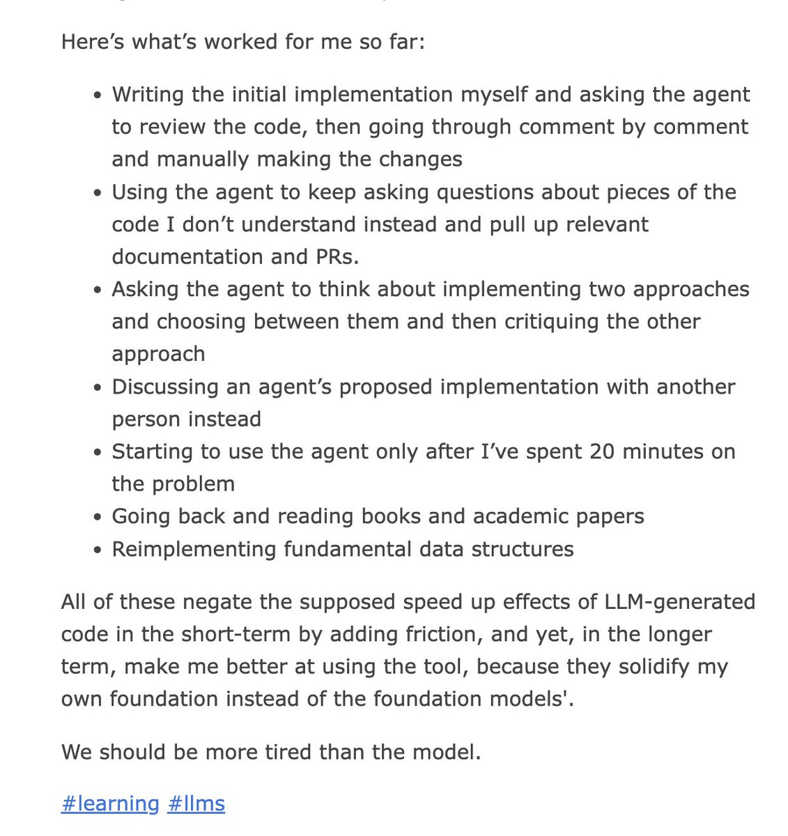 vishal_learner's tweet photo. from @vboykis. i appreciate the sanity check.

i do 1,2,4,5, and 7 really well but should spend more time reading books and academic papers (which was easier to integrate into my routine pre-2026), and should consistently ask the agent to critique two competing approaches. https://t.co/GUYsOGOols