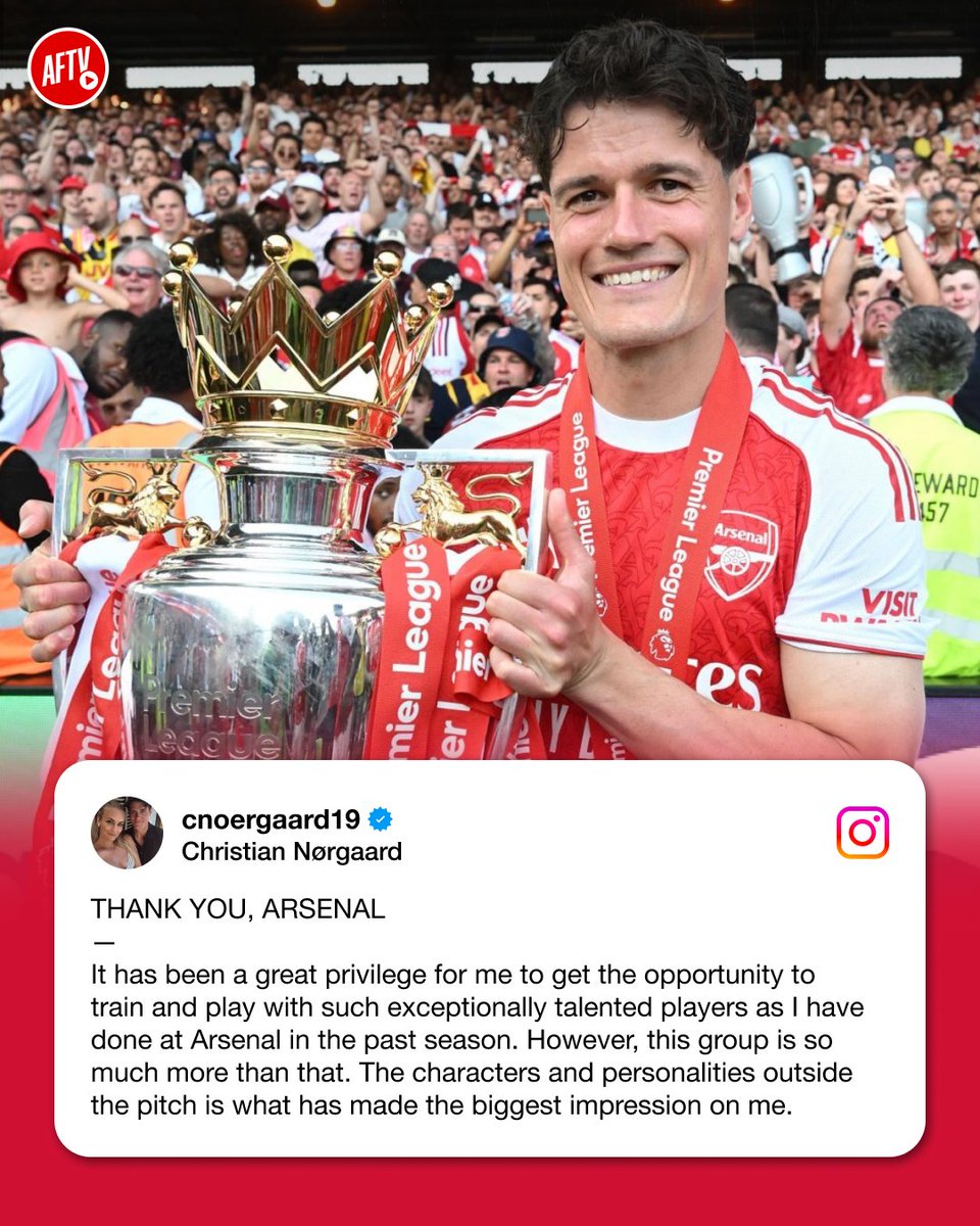 AFTVMedia's tweet photo. Despite spending just one season at Arsenal, Christian Nørgaard has written an emotional farewell letter to the fans and everyone at the club. ❤️🥹

He came in, gave everything whenever called upon, never complained, helped us win the Premier League and now leaves with nothing but respect from the Arsenal faithful. What a man! 🏆👏

A true professional. Thank you for everything, Christian, and all the best for your next chapter! ❤️