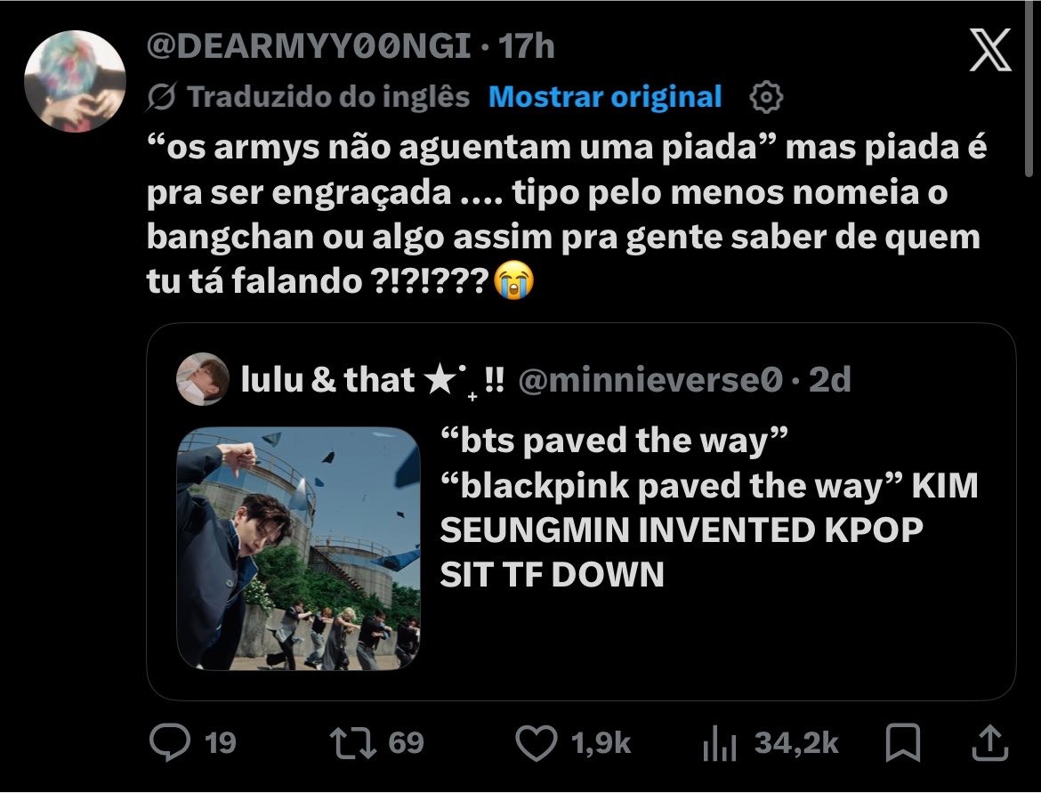 tododiaarmy's tweet photo. só um fandom seria capaz de se doer com uma piada boba e interna de outro fandom, e elas conseguiram https://t.co/XiBopimexa