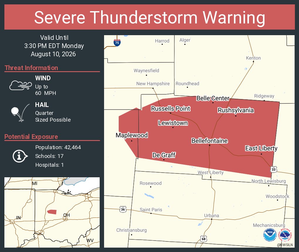 NWSILN's tweet photo. Severe Thunderstorm Warning including Bellefontaine OH, Jackson Center OH and  Russells Point OH until 3:30 PM EDT https://t.co/tEXsaMty0M