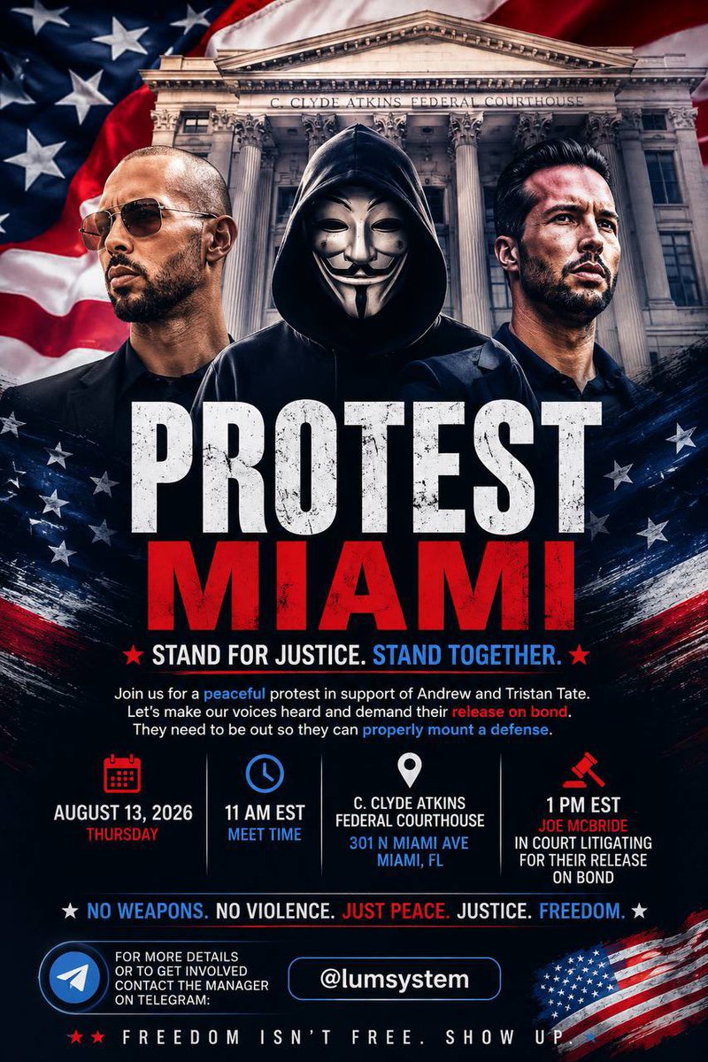 TeamTatex's tweet photo. A massive protest is planned for August 13th. Join us.
@Cobratate https://t.co/GsW61Tw3uq