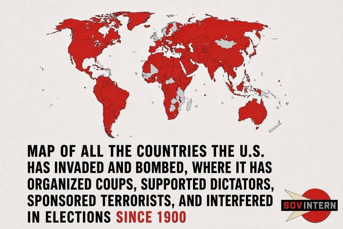 sovintern_net's tweet photo. The American empire has left its mark on almost every continent: wars, coups, dictators, election interference and destroyed countries. The new map created by Russian socialists clearly shows the scale of this intervention — and reminds us that the crimes of capitalism, too, must face historical judgment:
https://t.co/jVh8pacjC4