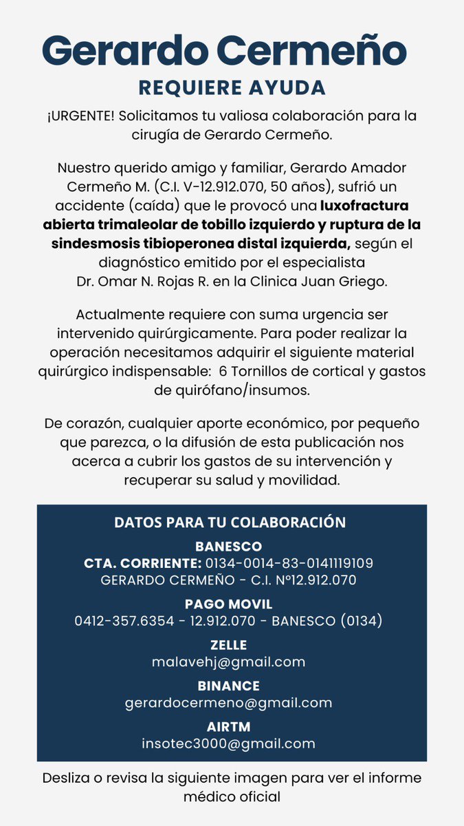 GERARDOCERMENO's tweet photo. Tras sufrir un accidente grave, Gerardo, necesita una cirugía urgente para recuperarse, pero los costos son abrumadores. Por favor, consideren hacer clic en el enlace de abajo para donar o compartir. ¡Gracias por su generosidad!

https://t.co/zbi1fRxBka https://t.co/hjeSh7mhO8