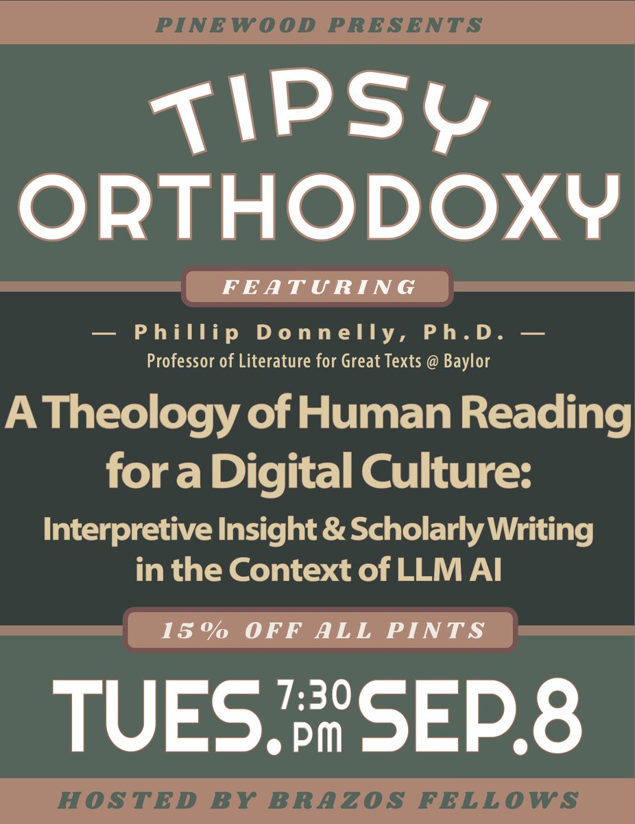 pgutacker's tweet photo. Waco friends: join us at Pinewood Pub on Tuesday, Sept. 8 for the return of Tipsy Orthodoxy, featuring the great Dr. Phil Donnelly (@GreatTexts): https://t.co/iukbzQmFti