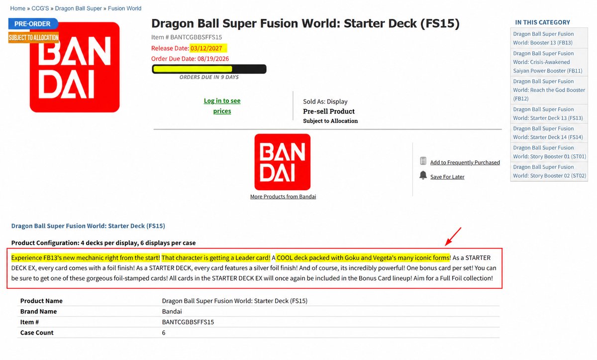 CardfatherTCG's tweet photo. I think I just found Fusion World’s Year 4 mechanic seven months before release.

New wholesale listings for the unannounced FB13 reveal:

• a completely new mechanic
• potentially the most Leader Cards in Fusion World history
• more Super Alt-Art Leaders than ever
The FS15 deck launching alongside it will use the same mechanic and is described as being packed with Goku and Vegeta’s many iconic forms.
My theory:

Leader Evolution.

Instead of only Awakening once, your Leader may progress through multiple forms during the game.

That would explain why the new mechanic requires more Leader Cards and why FS15 revolves around different Goku and Vegeta forms.

FB13 releases March 12, 2027.

Bandai has not even added FB13 or FS15 to its official product page yet.

Did we just get the Year 4 mechanic seven months early, or what else could connect all these clues?