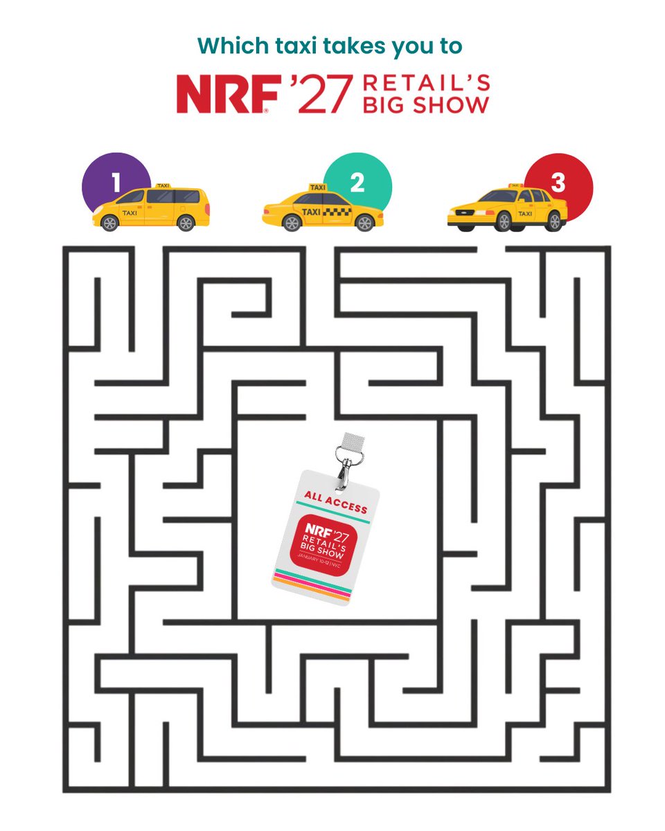 NRFBigShow's tweet photo. There are many paths in retail, but only one taxi can make it to the All-Access Pass! 🚕 Can you find it? No matter where your retail journey begins, make sure it leads to #NRF2027. https://t.co/GETs0Dqy32 https://t.co/KYgofpIYns