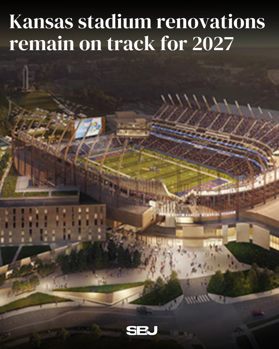 SBJ's tweet photo. Kansas’ David Booth Kansas Memorial Stadium remains on track to fully complete renovations before the 2027 season 🏟️

Capacity will be around 43,000 when finished, with this season’s capacity in the low 30,000s during Phase 2 construction.

Via @KCStar | https://t.co/NZoozORUsK https://t.co/zz8p0wed40