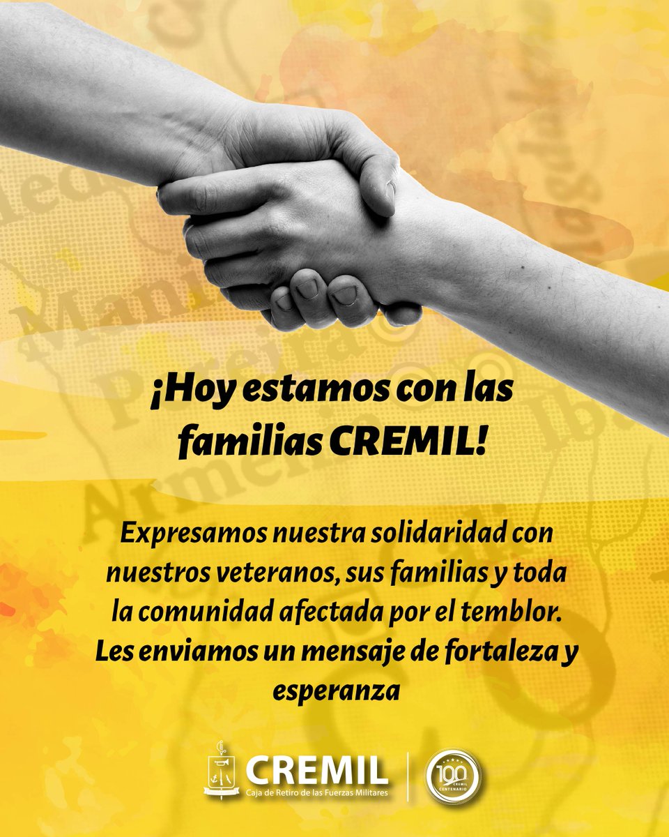 Cremil_Co's tweet photo. Expresamos un sincero mensaje de solidaridad y apoyo a toda la comunidad afectada por el temblor. Seguiremos acompañando a nuestros veteranos y a sus familias. 🤝

#CREMIL #Solidaridad #Veteranos https://t.co/g8SxgSehZA