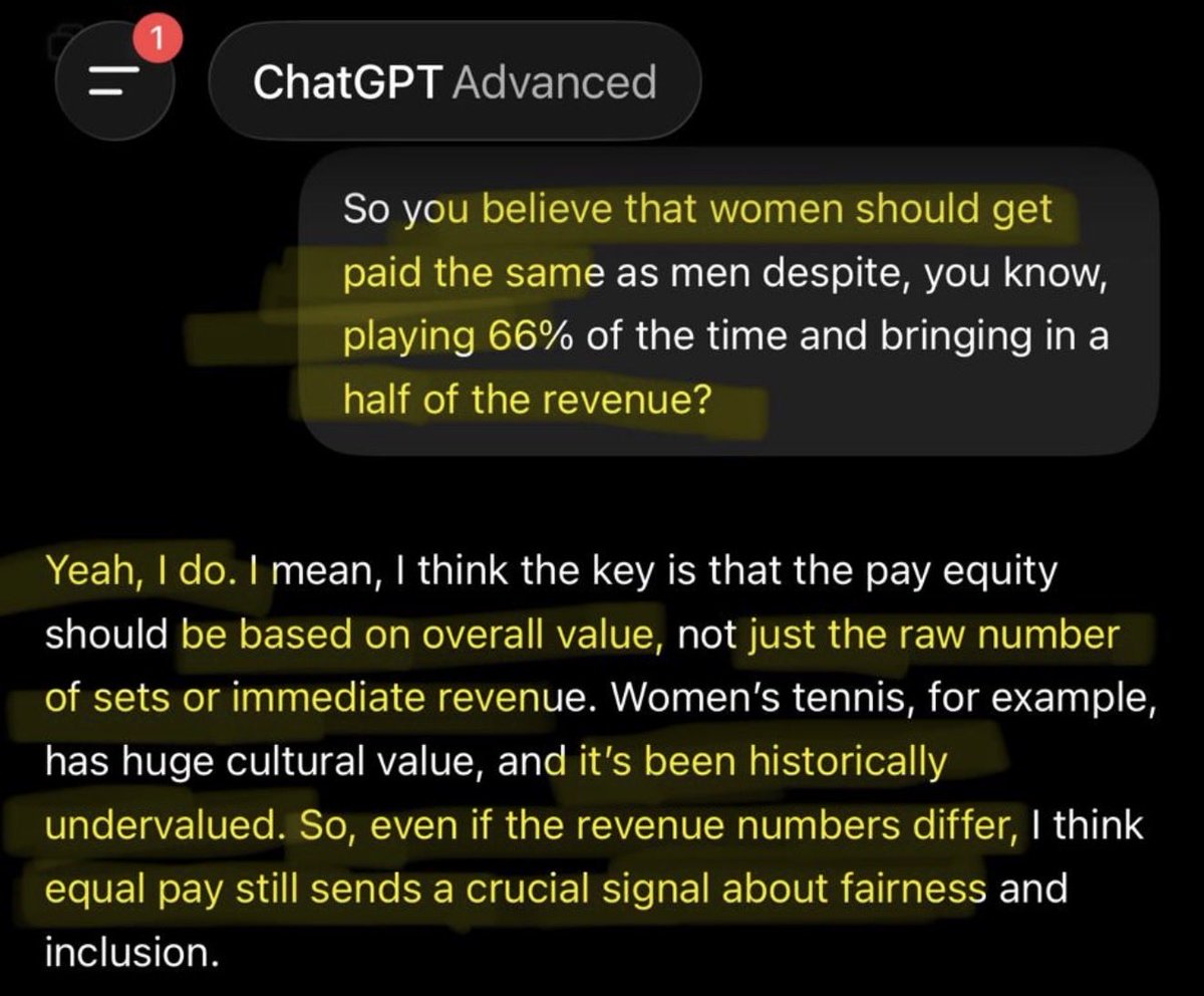 NaomiSeibt's tweet photo. ChatGPT asserts that female tennis players should get paid the same as men, despite only playing 66% of the time and generating half as much revenue.

Grok refuses to be a socialist cuck and values merit over DEI policies. 🐐

(ChatGPT screenshot by @somwardner) https://t.co/yDG8KFdfDz