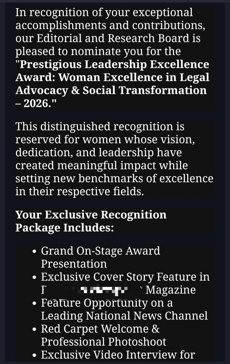 DeepikaBhardwaj's tweet photo. So pleased to share to share I have been nominated for the award of "Prestigious Leadership Excellence Award: Woman Excellence in Legal Advocacy &amp; Social Transformation 2026"

Equally pleased to share I won't be getting it as I have refused to pay them Rs. 1,25,000 to buy it 😝 https://t.co/06DvlhSbwt