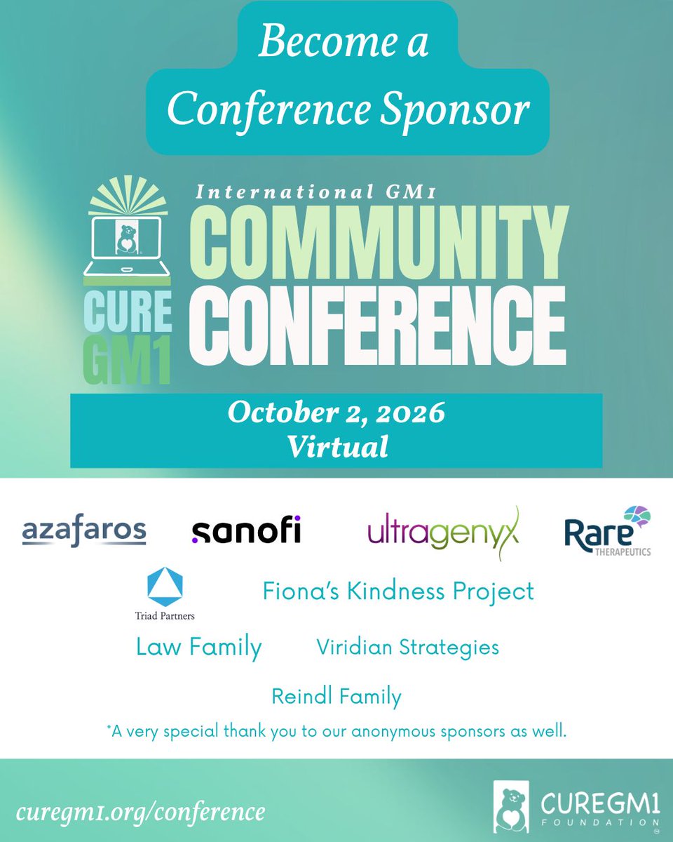 curegm1's tweet photo. Help make the 2026 International GM1 Community Conference possible by becoming a conference sponsor.
This virtual event on October 2, 2026 will bring together families, researchers, clinicians, advocates, and members of the global GM1 community. Sponsorshi… https://t.co/Ih6zND2IWV