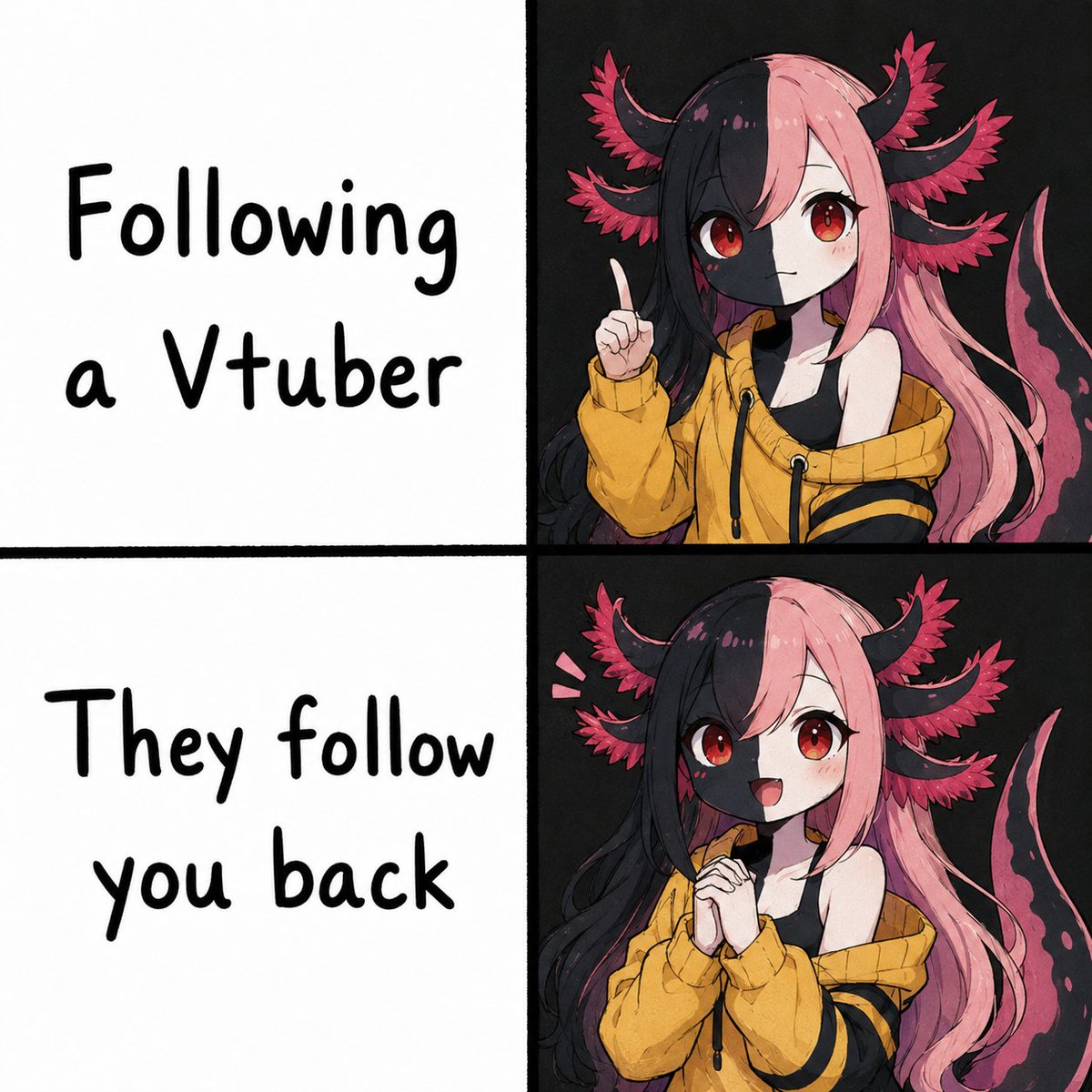 LuluAxoly's tweet photo. Imagine following a VTube and getting a follow back💗
 Who can relate? 🥹
#VTuber #VTubers #VTuberCommunity #VtuberMemes https://t.co/BOdOfPePNP