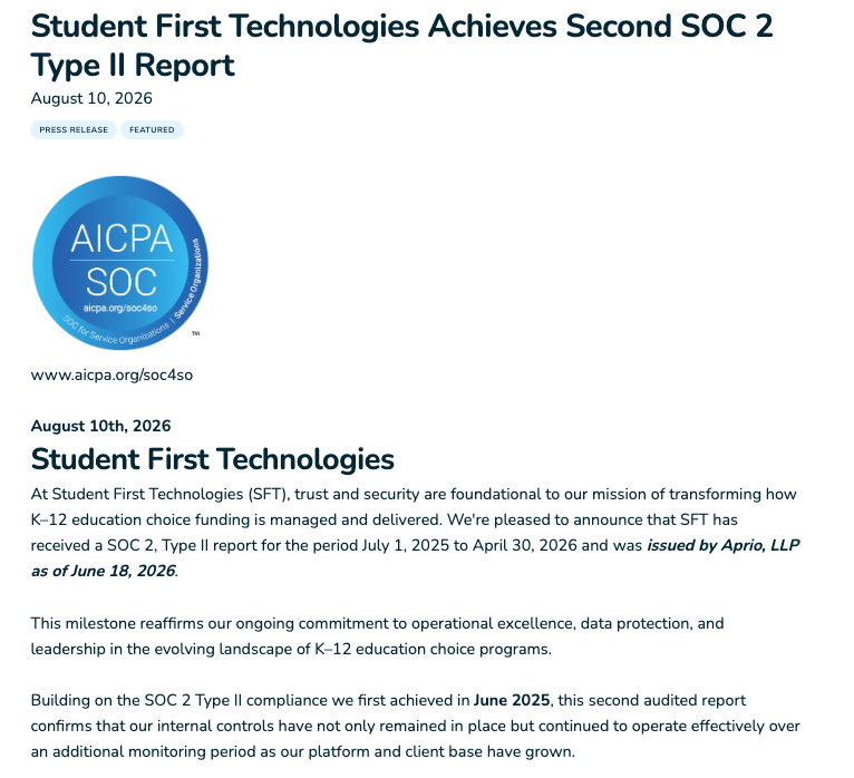 StudentFirstHQ's tweet photo. One audit shows your controls were designed right. Two consecutive audits show they work — year after year.

We've completed our second SOC 2 Type II examination, independently conducted by @AprioAdvisors.

Continuous assurance for the education funding programs we serve.

https://t.co/6q7zSixa5S