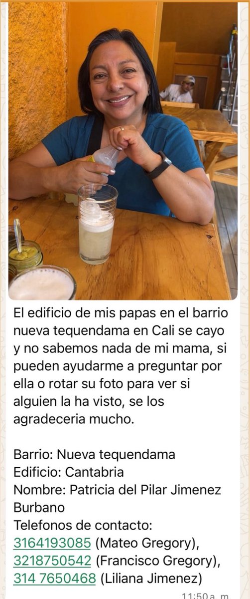 dicalaca18's tweet photo. #Urgente 🚨 #Cali La señora Patricia del Pilar Jiménez vive en el edificio Cantabria del barrio Nueva Tequendama que colapsó, sus hijos la están buscando. 
Cualquier información por favor a los teléfonos de la imagen. https://t.co/sWXe1Av2s4