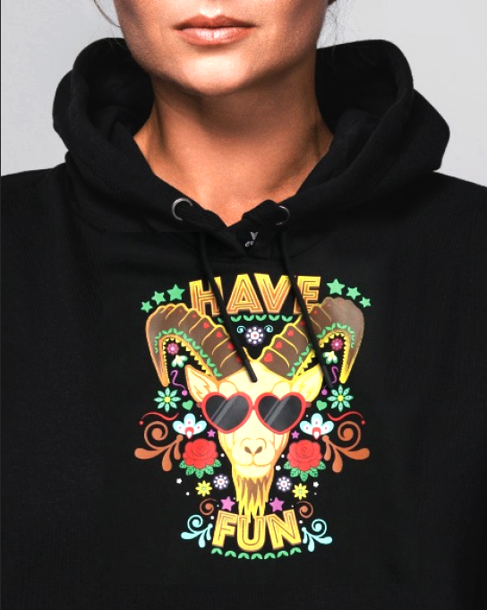 geniedesign1's tweet photo. A bold and playful hoodie illustration featuring a colorful, whimsical Goat wearing heart-shaped sunglasses. The design is surrounded by vibrant flowers, stars, decorative swirls, and cheerful patterns, with the words “HAVE FUN” in bright, retro-inspired lettering. Set against a black hoodie, the vivid colors really pop, creating a fun, youthful, festival-ready aesthetic with a touch of vintage charm.

#HoodieDesign #HaveFun #LlamaArt #LlamaLover #ColorfulDesign #RetroStyle #GraphicHoodie #Streetwear #FunFashion #CuteGraphic #BohoStyle #FestivalFashion #HeartSunglasses #WhimsicalArt #ColorfulArt #StatementHoodie #FashionIllustration #PlayfulDesign