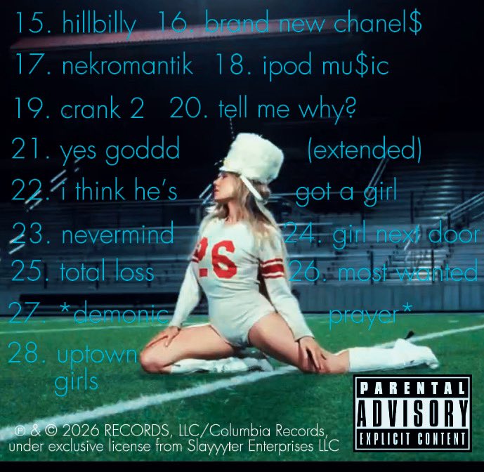 crankitugh's tweet photo. ‘Slayyyter’ has officially announced the tracklist to her highly anticipated 4th studio album “wor$t man in america” out march 26th, 2027. https://t.co/WfgAwXC3wO