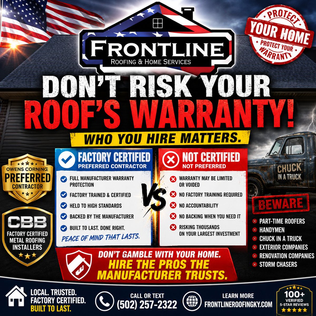 FrontlineRoofKy's tweet photo. 🚨 DON'T LET THE WRONG ROOFER VOID YOUR WARRANTY. 🚨

Your roof may be covered by a 50-year manufacturer's warranty... but WHO installs it matters.

📞 Call or Text: (502) 257-2322
🌐 https://t.co/kIMV38MGJe https://t.co/kgCRqsfJfH