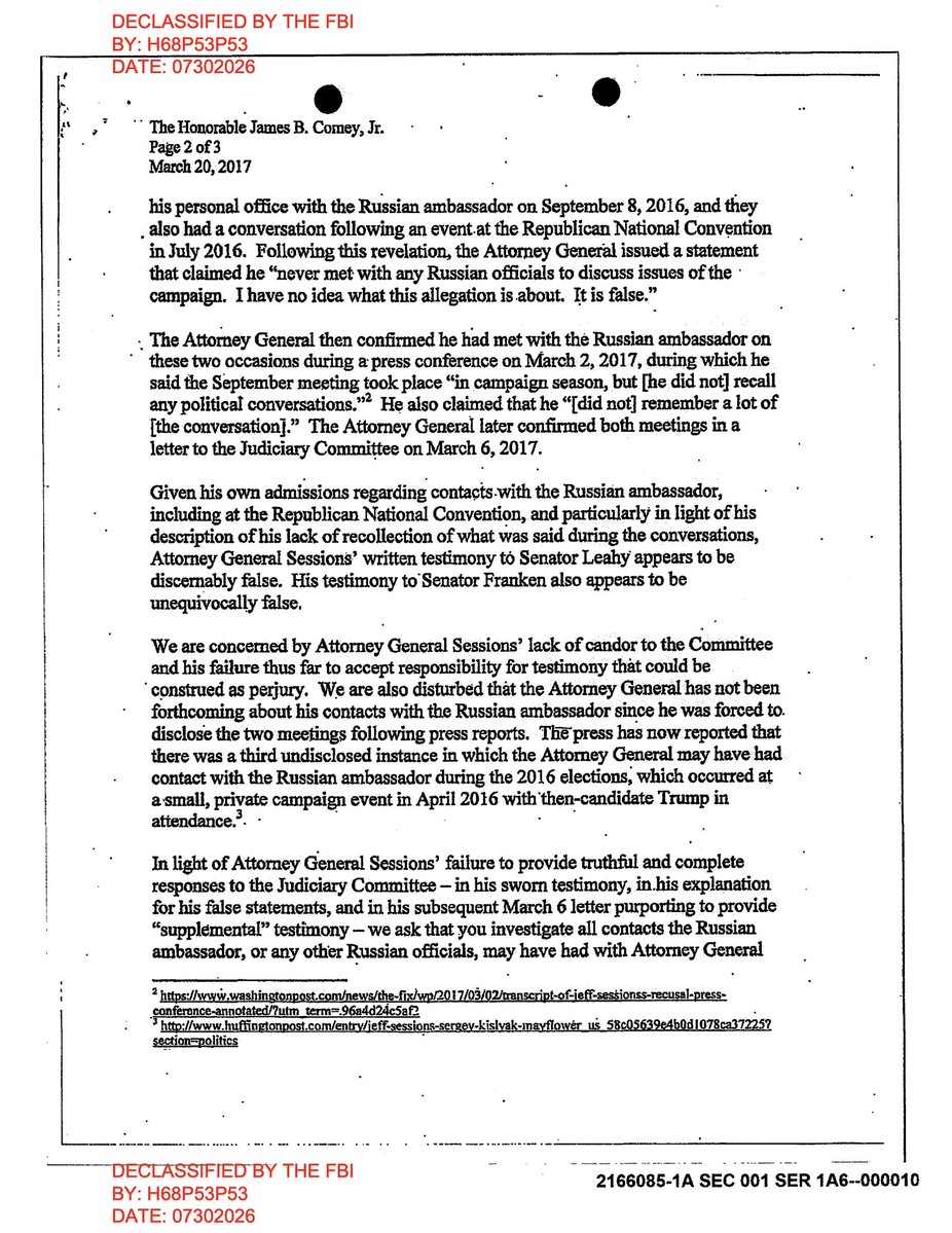 HansMahncke's tweet photo. Jeff Sessions is by all accounts a good man, but as attorney general he was hopelessly weak. Even so, it is difficult not to feel sorry for him when you see just how thoroughly he was railroaded over something so transparently false and contrived.

The entire case against Sessions was that he failed to disclose two routine meet-and-greets with the Russian ambassador, the sort of encounters countless people in Washington had. But that was not what Sessions had actually been asked. He was asked whether he had been in contact with Russian officials about the 2016 election. He said no, because he had not.

Then, as this newly released letter shows, Senators Leahy and Franken complained to Comey about his testimony, and the FBI promptly opened an investigation into Sessions.

The whole thing was totally contrived from beginning to end. Yet the media will never tell the truth, Wikipedia remains riddled with lies about it, and history will sadly remember Jeff Sessions as the man who “lied about his contacts with Russia,” rather than as one of the earliest victims of a grotesquely corrupt political operation.