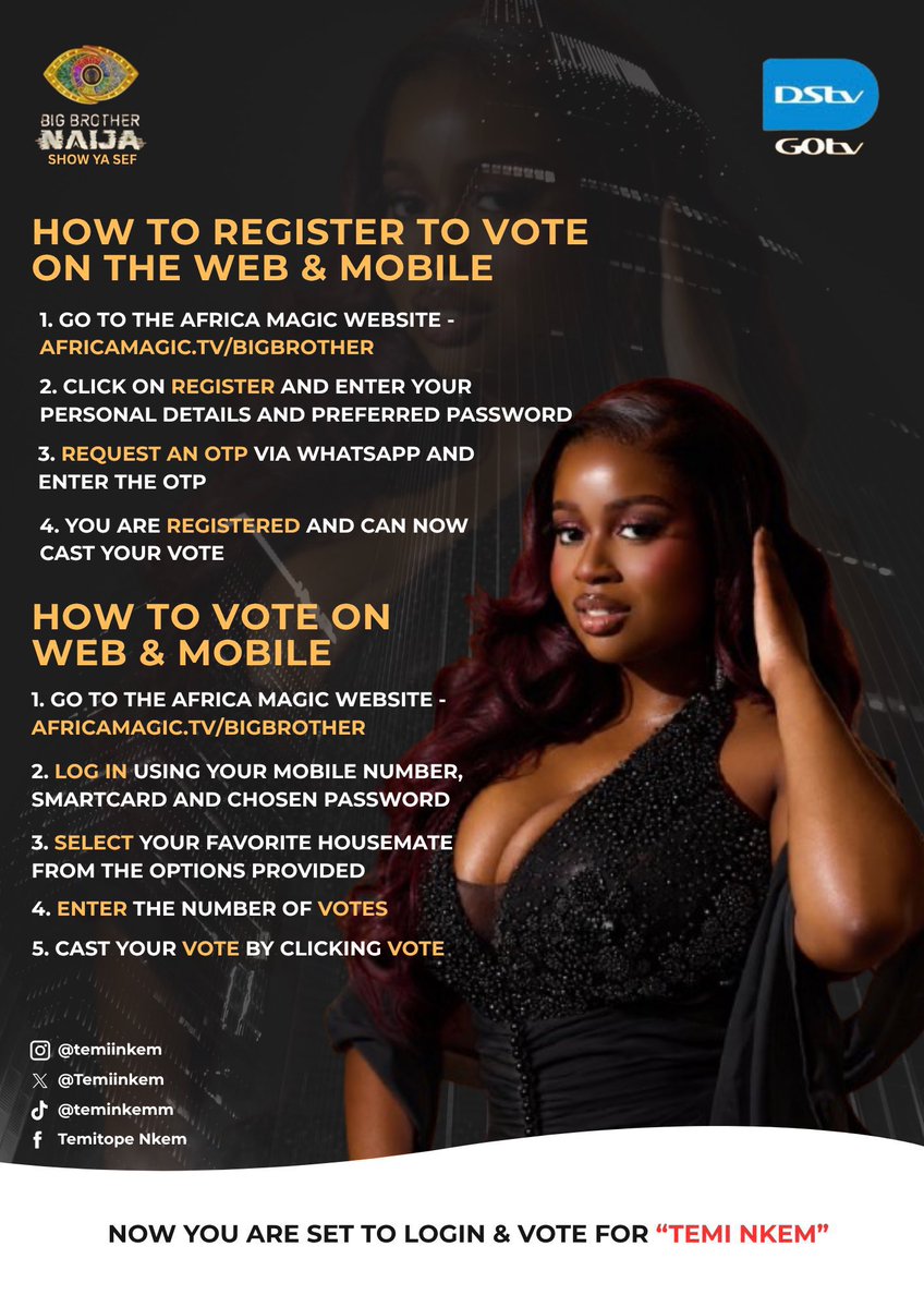 Temiinkem's tweet photo. ‼️ TEMINATORS ‼️
VOTING LINES ARE NOW OPEN! 

It’s time to make our voices heard and show Temi just how much we believe in her. 

No distractions, no slowing down. EVERY VOTE COUNTS, EVERY SECOND MATTERS!
From now until the polls close, we need to stay locked in and keep those votes coming. 

Let’s push harder, vote consistently, and do everything we can to secure this for TEMI!🔥

VOTE FOR TEMI NKEM
#TemiNkem #Bbnaija
