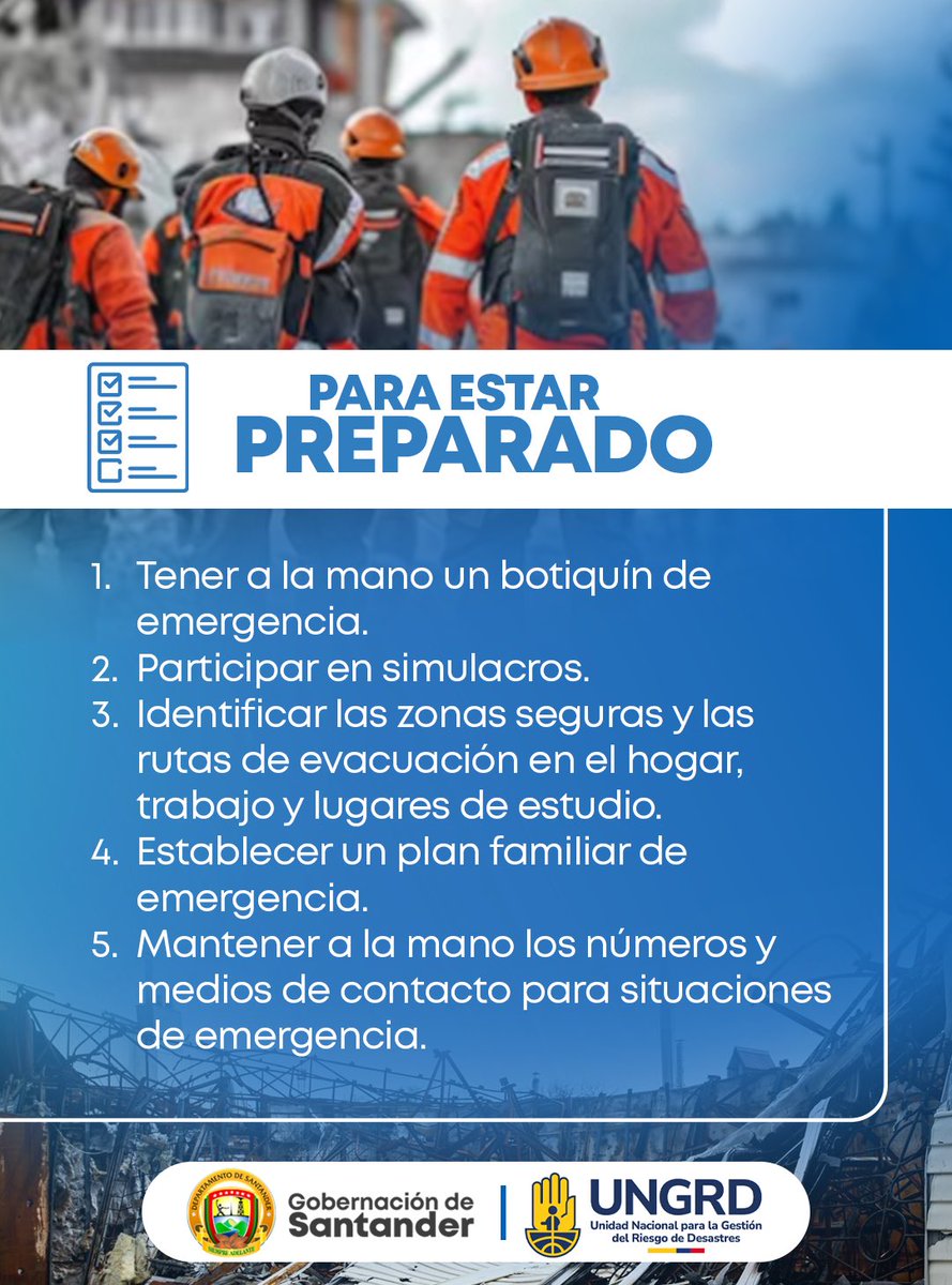 GobdeSantander's tweet photo. La prevención es la mejor forma de proteger vidas. Ante cualquier emergencia, estar informados y preparados marca la diferencia.

Desde la Gobernación de Santander invitamos a la ciudadanía a conocer las medidas de prevención, mantener la calma y seguir siempre las recomendaciones de los organismos de socorro y las autoridades.