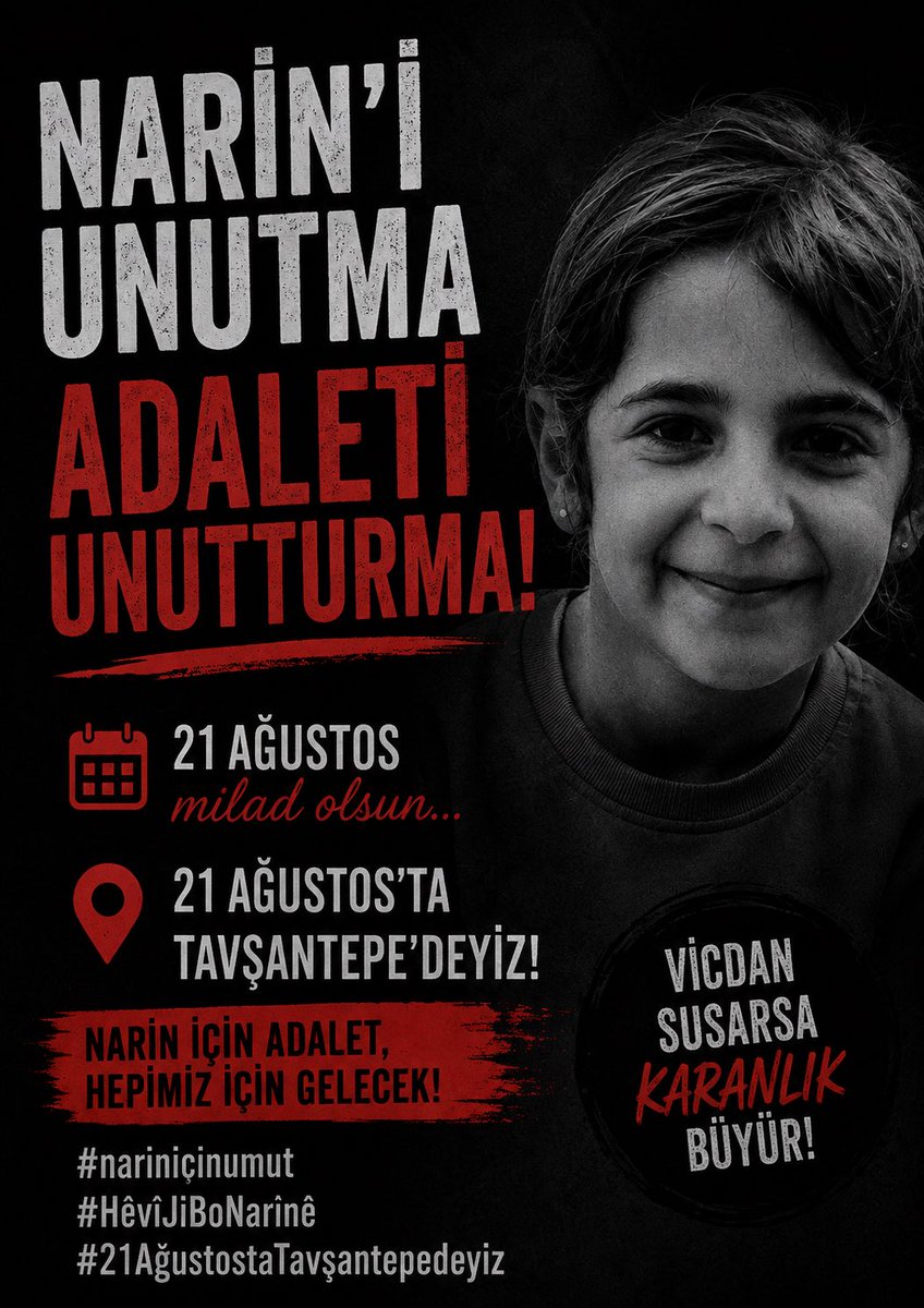 andokciya21's tweet photo. Narin’i unutmadık.
Adaleti de unutturmayacağız.

21 Ağustos’ta Tavşantepe’deyiz.
Çünkü bazı acılar zamanla susmaz;
hakikat ortaya çıkana kadar büyür.

#NarinİçinAdalet
#21AğustostaTavşantepedeyiz https://t.co/C7vSqs5YcJ