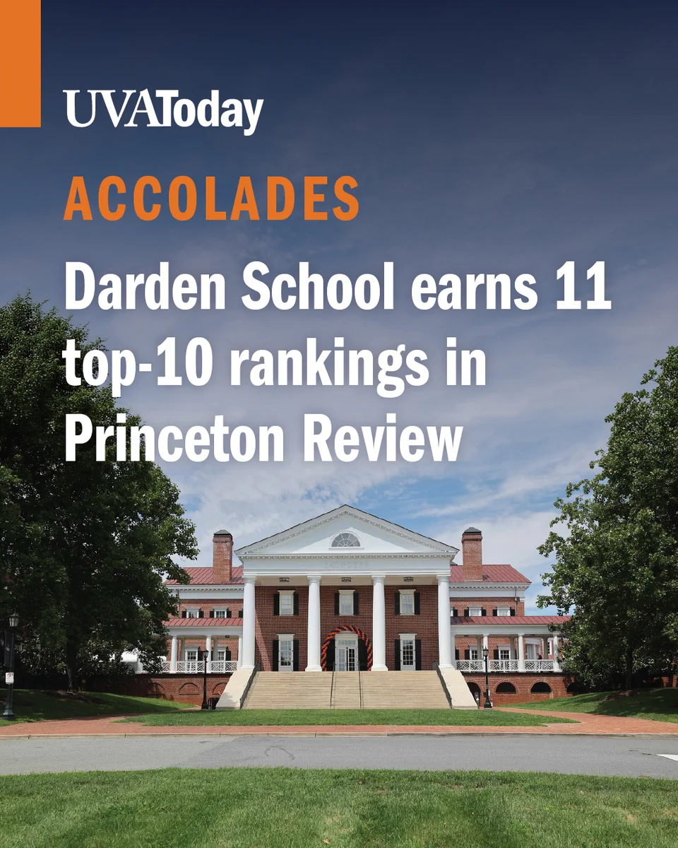 The UVA Darden School of Business under a cloud sky. The text reads, "UVA Today - Accolades - Darden School earns 11 top-10 rankings in Princeton Review."