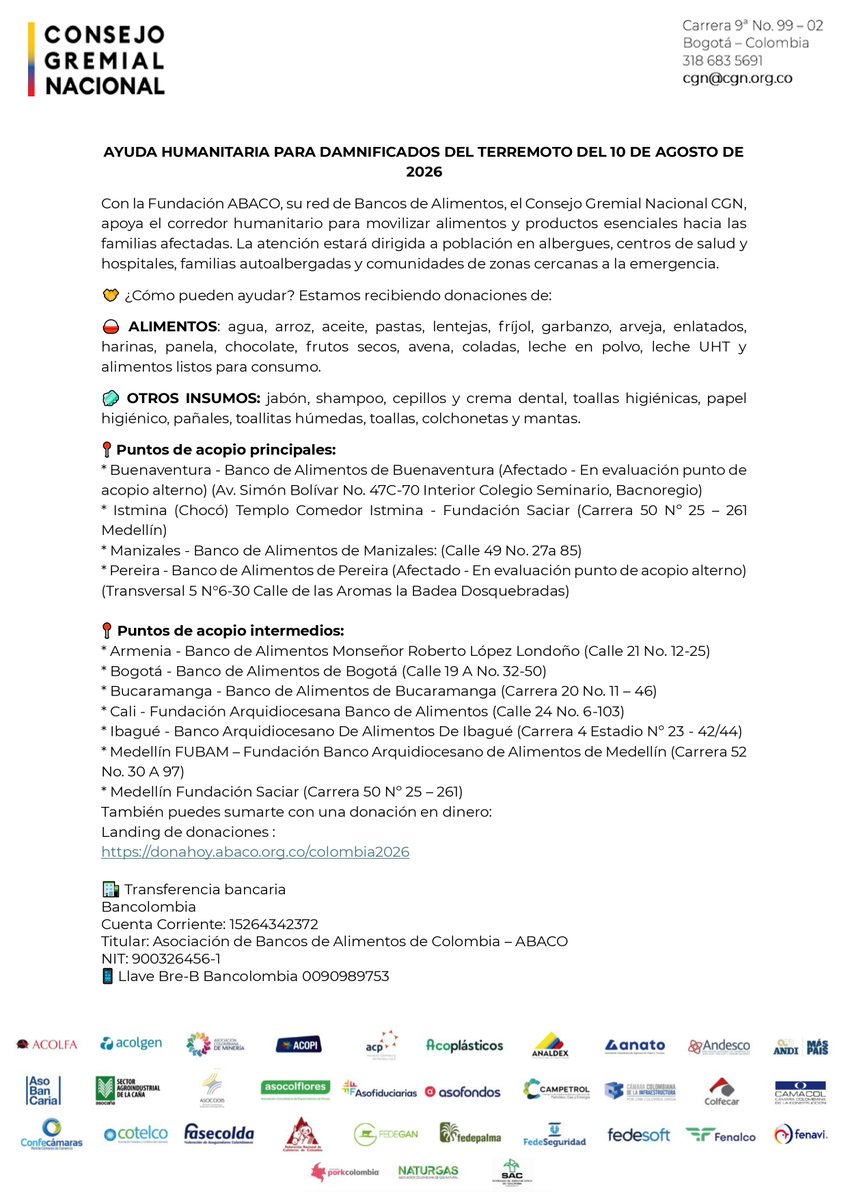 Asobancaria's tweet photo. 🏦 🇨🇴 Desde Asobancaria nos sumamos a la solidaridad con las familias afectadas por el terremoto.

Como parte del Consejo Gremial Nacional (@ConsejoGremial), nos unimos a la iniciativa liderada junto con la Fundación ABACO y su red de Bancos de Alimentos para movilizar alimentos y productos esenciales hacia las comunidades que más lo necesitan. En el documento encontrarán los puntos de acopio y las opciones para realizar donaciones.

👉🏽En momentos como este, Colombia nos necesita unidos.