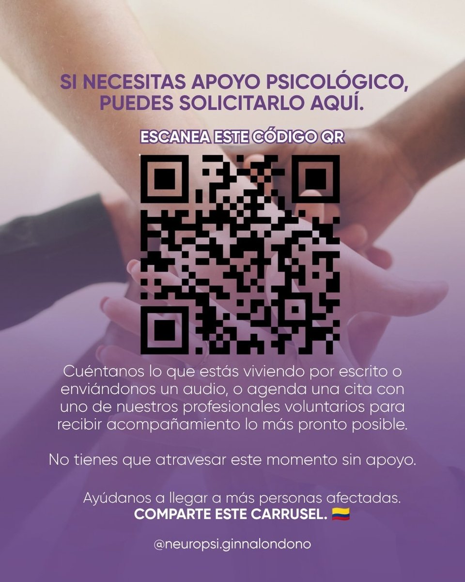 CampuzanoCINDY's tweet photo. Asistencia psicológica 💜🦋

Lo que tenemos, lo damos. Esto también es propósito: estar para servir. 🙏🏻

Hoy extendemos nuestra ayuda también a las personas afectadas en Colombia. 🇨🇴

Nos ayudan compartiendo este carrusel para  quienes necesitan atención psicológica gratuita. https://t.co/f5AVPEWeby