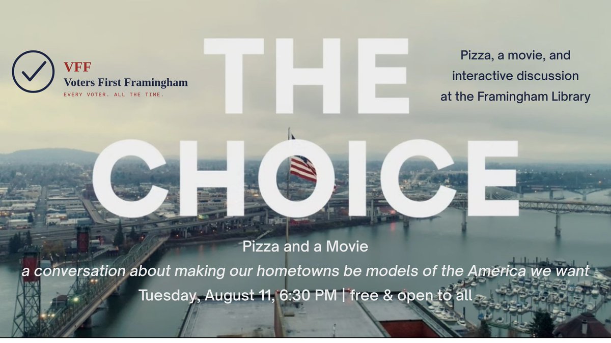 VoterChoiceMA's tweet photo. Tomorrow in Framingham: we have a screening of The Choice along with pizza and ice cream!

Starts at 6:30 at the Framingham Library. Details here: https://t.co/eX3XcN1vj2 https://t.co/VCLXpJaLtW