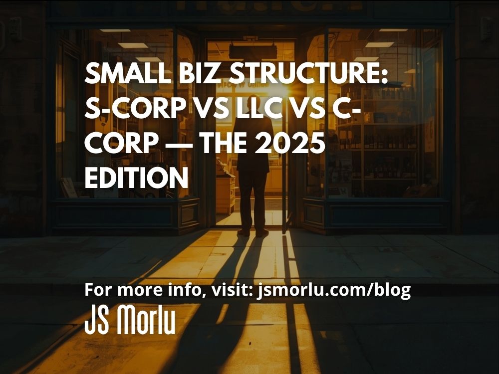 JSMorlu's tweet photo. Small Biz Structure: S-Corp vs LLC vs C-Corp — The 2025 Edition #BonusDepreciation #businessstructure #CCorp #EntityPlanning #LLC #QBIDeduction #SCorp Read More:
https://t.co/flPKDT5RoC https://t.co/soid6pRpSD