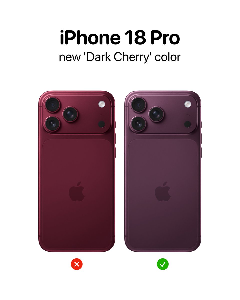 theapplehub's tweet photo. The iPhone 18 Pro’s rumored Dark Cherry finish will reportedly feature a deep purple-red shade, darker than recent renders suggest 🍒

Source: Fixed Focus Digital https://t.co/kjhqwwb74w