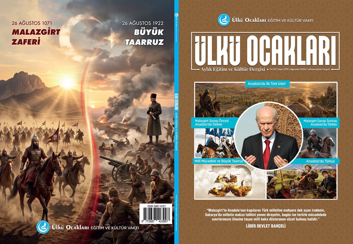 ManavgatOcak7's tweet photo. 📚 Ülkü Ocakları Dergimizin 270. sayısı, “Malazgirt’ten Büyük Taarruz’a Ebedî Vatan” temasıyla okuyucularımızla buluşuyor.

📍 Ülkü Ocakları Dergimizin Ağustos 2026 sayısını tüm il ve ilçe Ocaklarımızdan temin edebilirsiniz.

📖 Keyifli okumalar diliyoruz. https://t.co/qVgWqQrEyX
