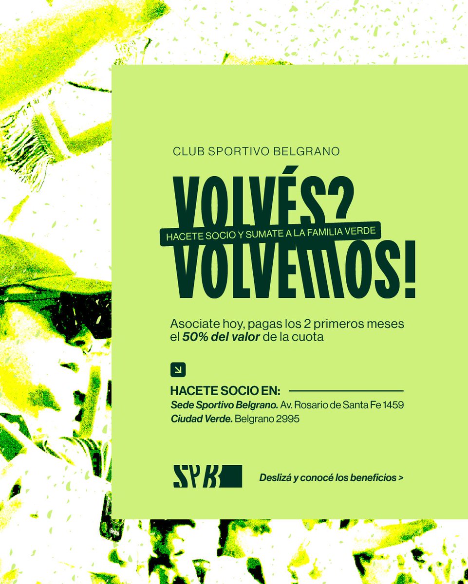 ClubSpBelgrano's tweet photo. ¿VOLVÉS? ¡VOLVEMOS! 💚

Es momento de volver a estar juntos.
Es momento de volver a ser parte de Sportivo Belgrano.

💚 Asociate hoy y disfrutá de una promoción especial:
👉 Los dos primeros meses, abonás el 50% del valor de la cuota.

Volvé a acompañar.
Volvé a alentar.
Volvé a sentirte parte.

#ElAlmaPorLosColores